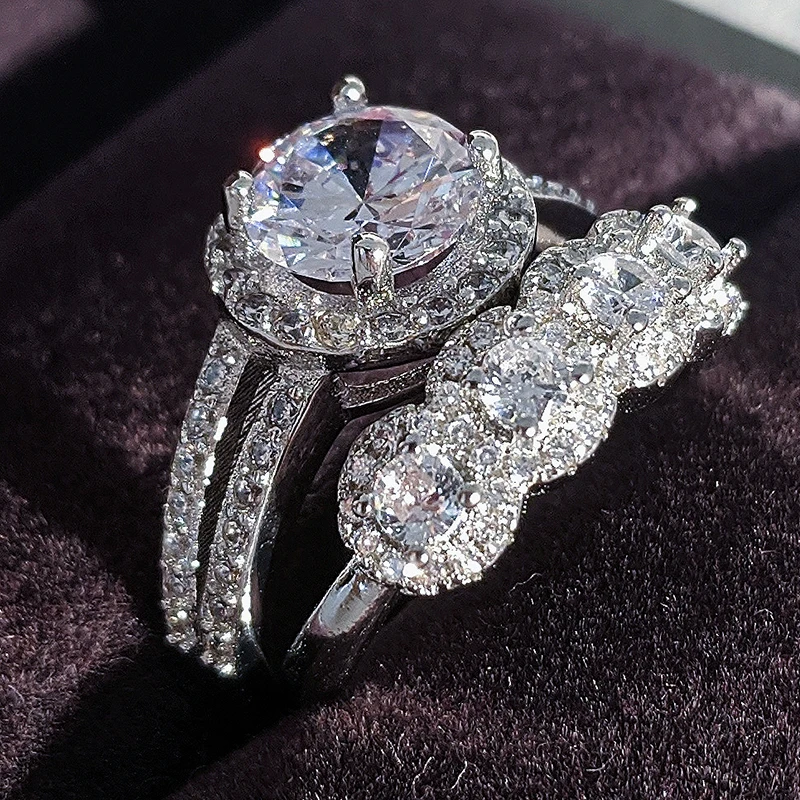 2020 Новое поступление роскошный круглый 925 серебро набор обручальных колец для