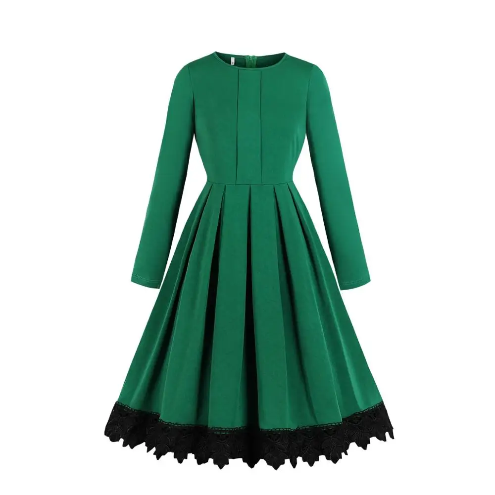 Женское винтажное платье с плиссировкой зеленое однотонное длинным рукавом
