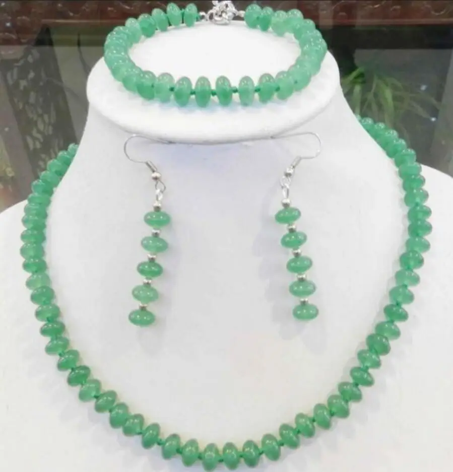 Jewelry Set 5x8mm Green Natural Emerald Rondelle Beads Necklace Bracelets Earrings Set&gt^^1&gt18K gold plated watch Q Free Shipping |
