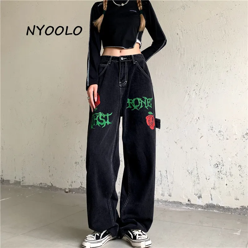 Женские винтажные джинсы в стиле Харадзюку с высокой талией|Прямые джинсы| |