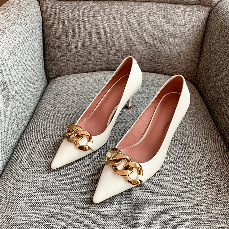 

Meotina Women High Heel Pumps Pointed Toe Genuine Leather Party Shoes Ladies Metal Decoration Stiletto Heels Shallow Footwear 41
