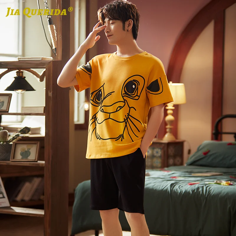 

100% Cotton Male Nightwear Leisure Crew Neck Cartoon Printing Short Sleeve Short Pants Fashion Man Clothes Summer Pijama Set New