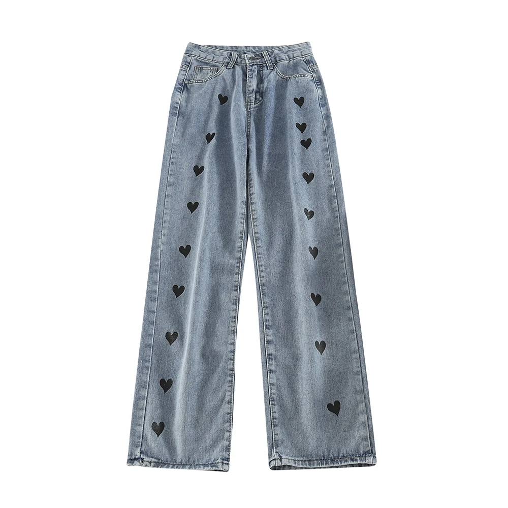 

Mop Jeans for Women Summer Heart Printing Loose High Waist Slimming Harajuku Style Straight-Leg Wide-Leg Pants