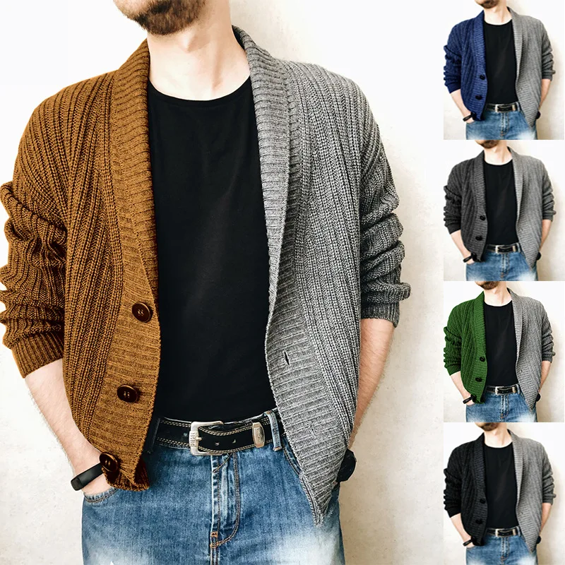 

2021 two color splicing long sleeve men's sweater knitted coat cardigan single breasted Lapel men's sweater coat