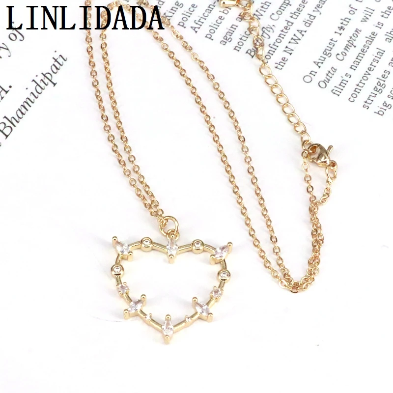 

10Pcs Golden Color Copper Cubic Zirconia Hollow Heart Pendant Necklaces Women's Fashion Jewelry CZ Jewelry