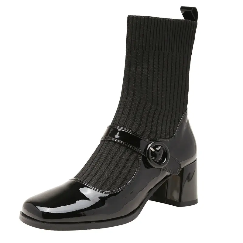 

Office Ladies Casual Women Ankle Boots 2021 Autumn Winter Concise Genuine Leather Knitting Thick Heels Basic Shoes Woman
