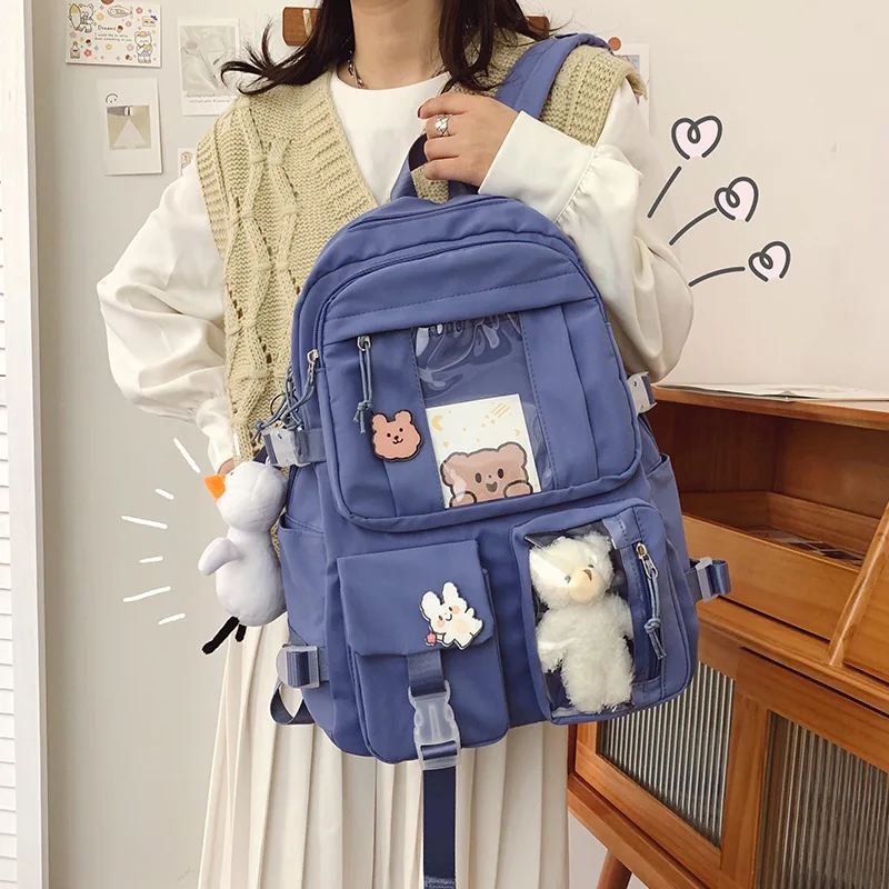 

New Women Backpack Large Capacity 2021 Transparent Waterproof Nylon Girls Schoolbag Teenager Book Bag Preppy Kawaii Pendant PVC
