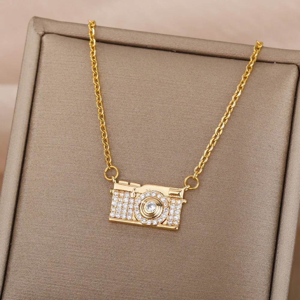 

Zircon Camera Pendant Necklaces For Women Girls Plated Crystal Square Charm Choker Necklace Hip Hop Party Jewelry Gift