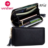 rfid wallet women genuine leather long wallet tassel zipper purse business card holder wallets lady large capacity purse clutch