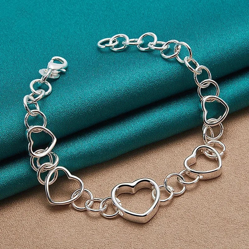 

925 Sterling Silver Full Heart Bracelet Chain For Woman Fashion Wedding Engagement Party Jewelry