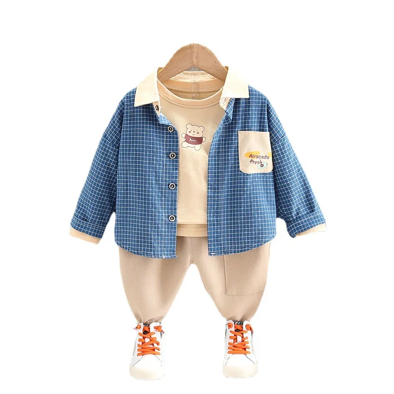 

Новый весенне-осенний костюм для маленьких мальчиков, детская клетчатая рубашка, футболка и брюки, 3 шт./компл., повседневная одежда для малы...