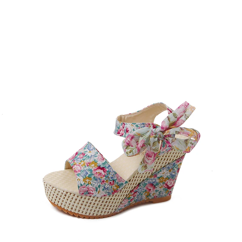 

Women Wedge Sandals Female Open Toe Floral Bowknot Platform Bohemia High Heel Sandals Fashion Ankle Strap Ladies Shoes Summer