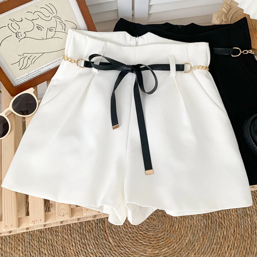 

Zippers Solid Color Shorts Women Fashion Retro Sashes High Waist Shorts Elastic Waist Casual Loose S-XL Shorts Femme