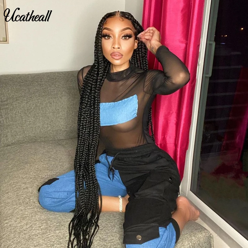 Женский комбинезон с длинным рукавом соблазнительный сетчатый из денима в стиле