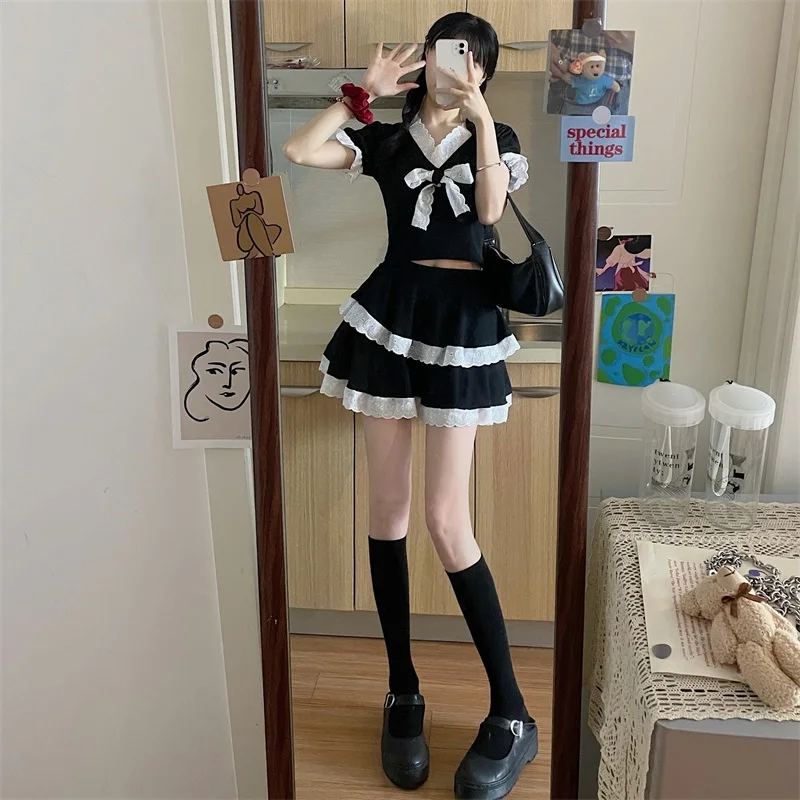 

Japanese Sweety Soft Girl Suit Cute Lace Splicing V-Neck Bow Puff Sleeve Shirt Ruffles Kawaii Cupcake Mini Skirt Two-piece Suit
