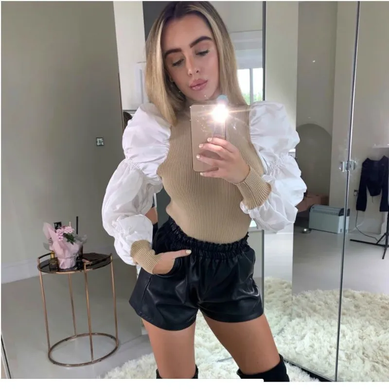 Новинка Женская водолазка блузка модная из кусков с пышными рукавами базовые