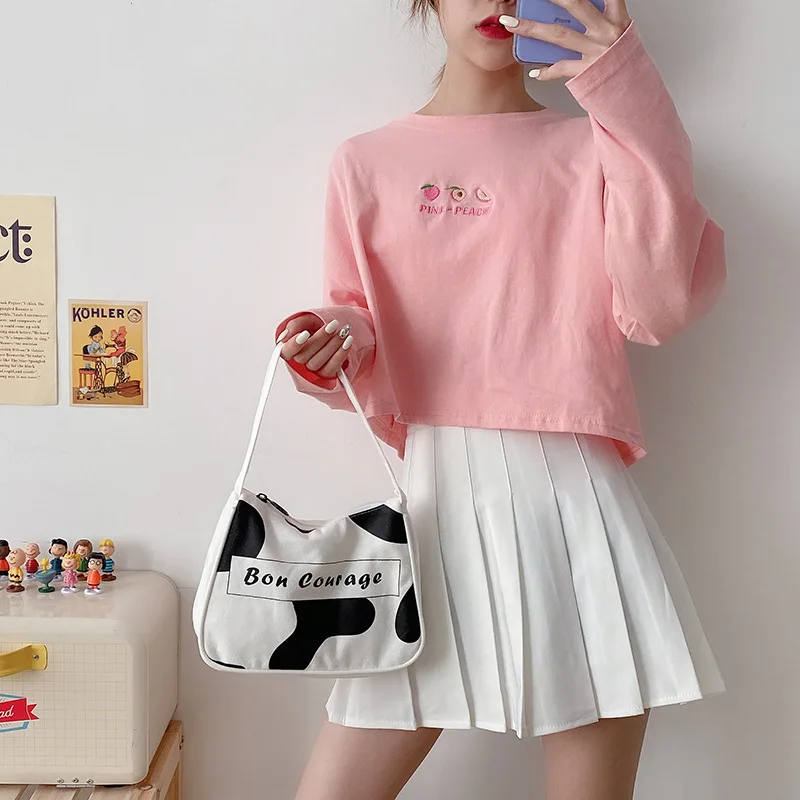 

Cow Pattern Fashion Women Underarm Bag Canvas Vintage Ladies Baguette Handbags Cool Girls Daily Small Tote Shoulder Bags Clutch