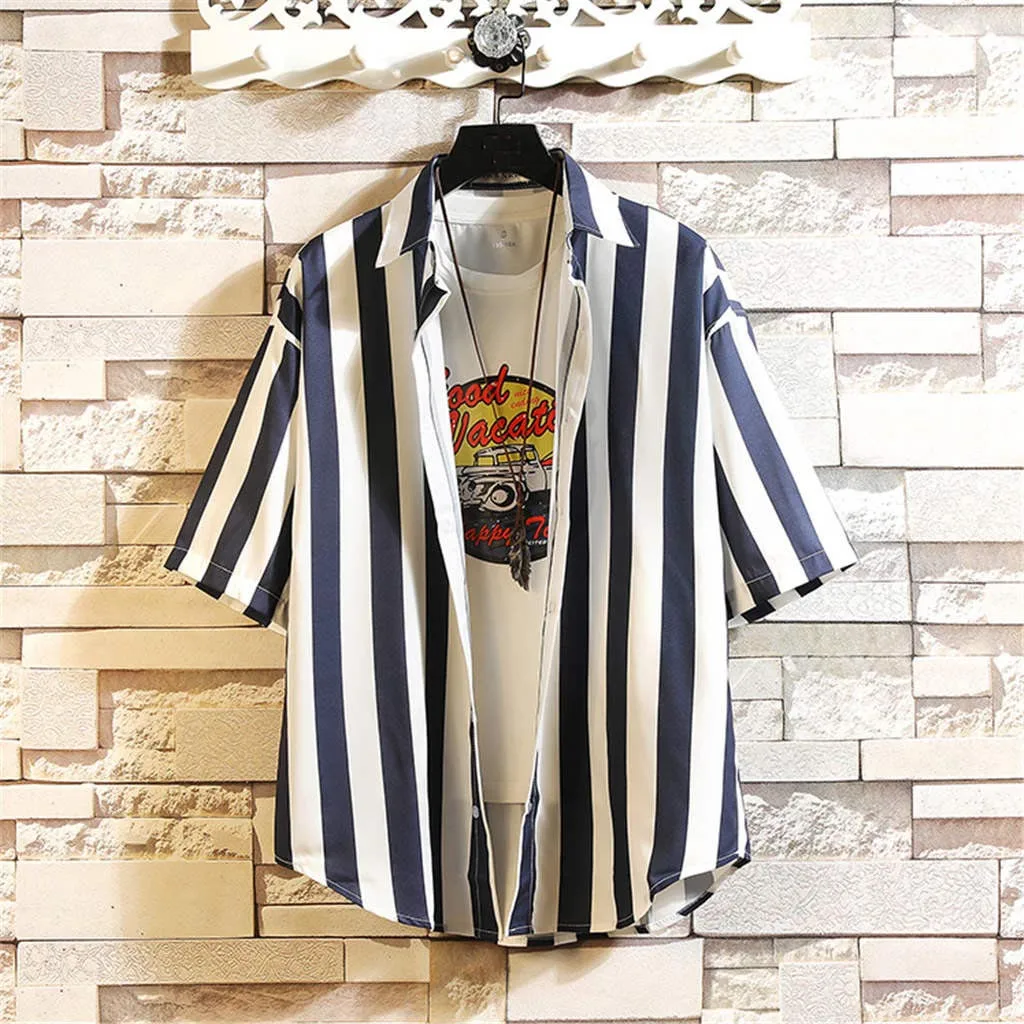 Camisa Masculina мужская летняя Свободная Повседневная полосатая рубашка с коротким