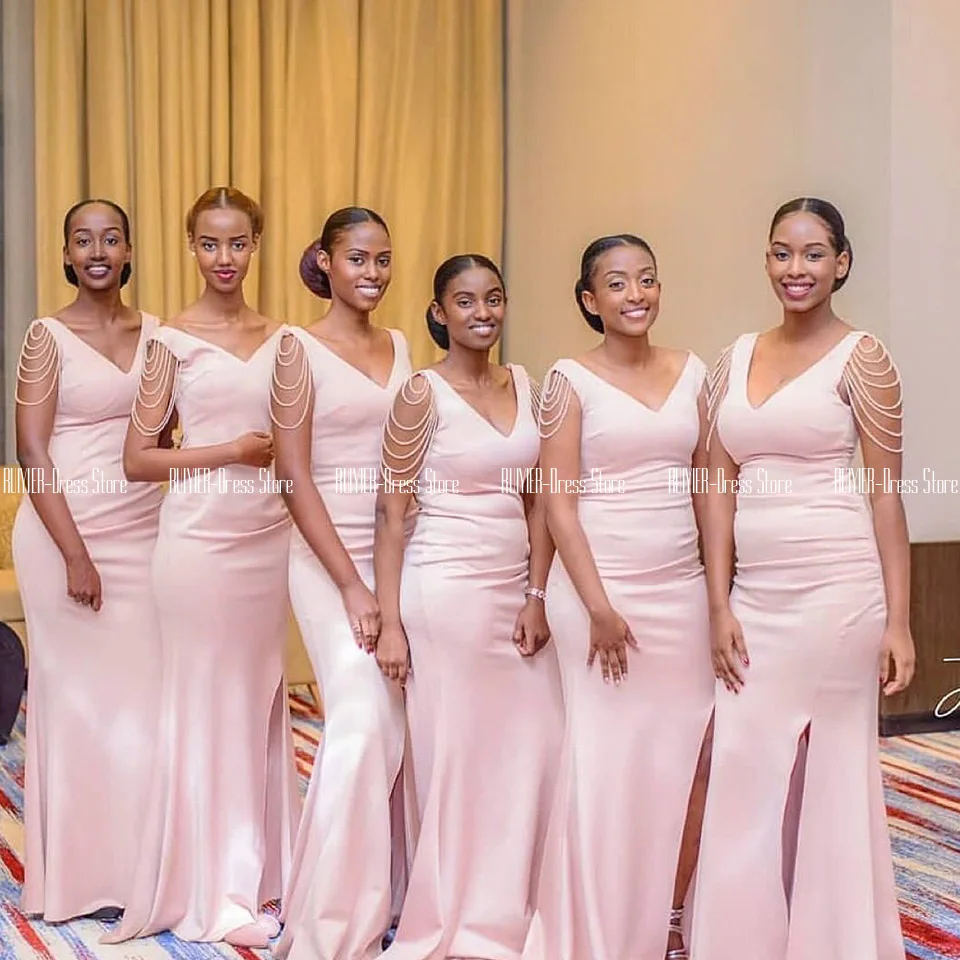 

Elegant V-neck Wedding Party Dress African Side Slit Sheath Bridesmaid Dresses Zipper Up Back Satin Long Prom Gown Vestidos