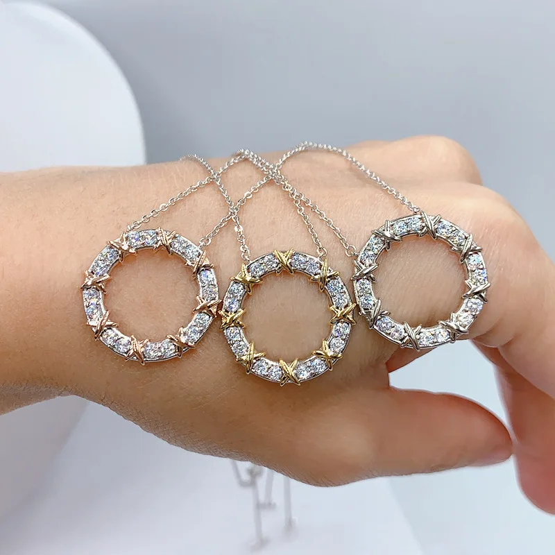 

1:1 S925 Sterling Silver HighQuality 4 StoneIntersectRound Necklace Women Logo Original Model Fine Jewelry Valentine Gift