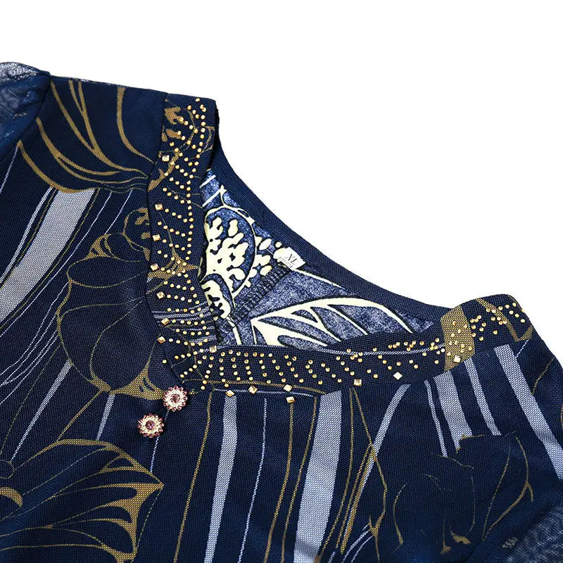 

2021 Women Spring Dress Summer New Casual Mid Aged Print Dress Lady Short Sleeve Female Vintage Plus Size Pleated Dresses