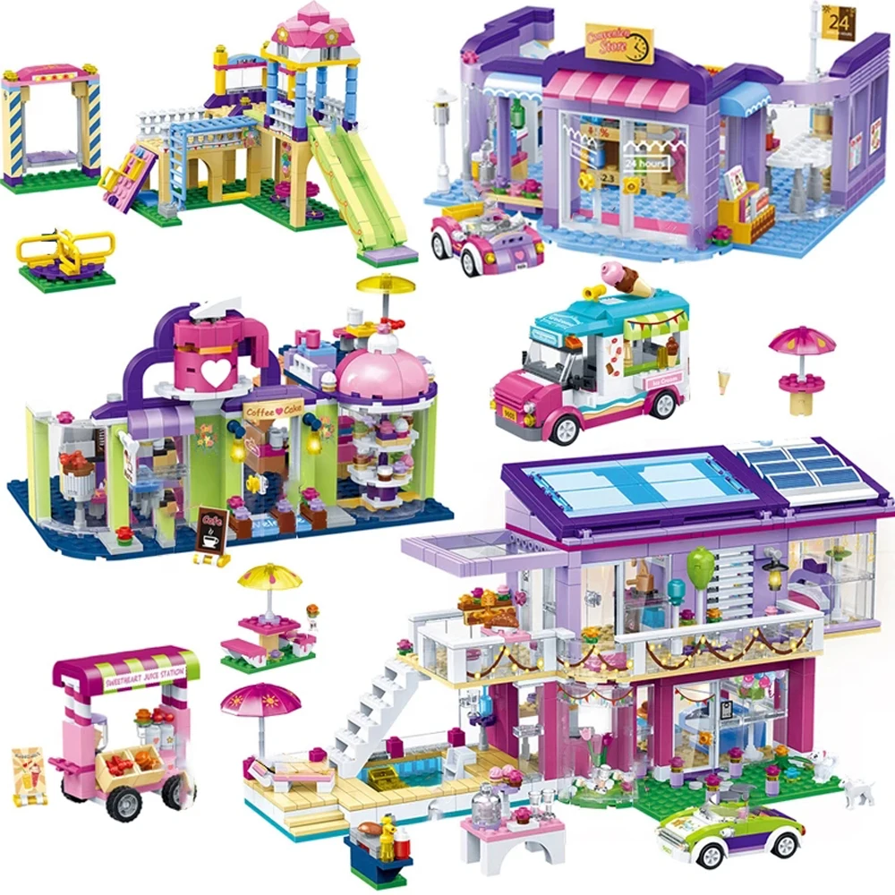 

Friends Series Ice Cream Van Playground Villa Party Club Model Building Blocks Friendship House Bricks Toys For Girls Kids Gifts
