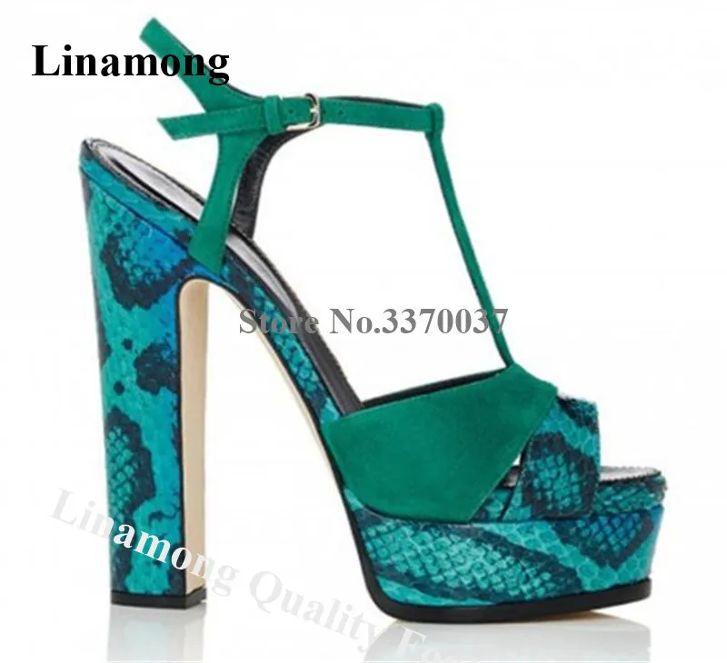Сандалии женские на платформе и толстом каблуке босоножки из змеиной кожи с