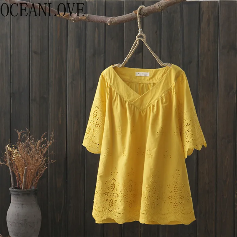 Женские блузки с v образным вырезом OCEANLOVE летние Однотонные коротким рукавом в