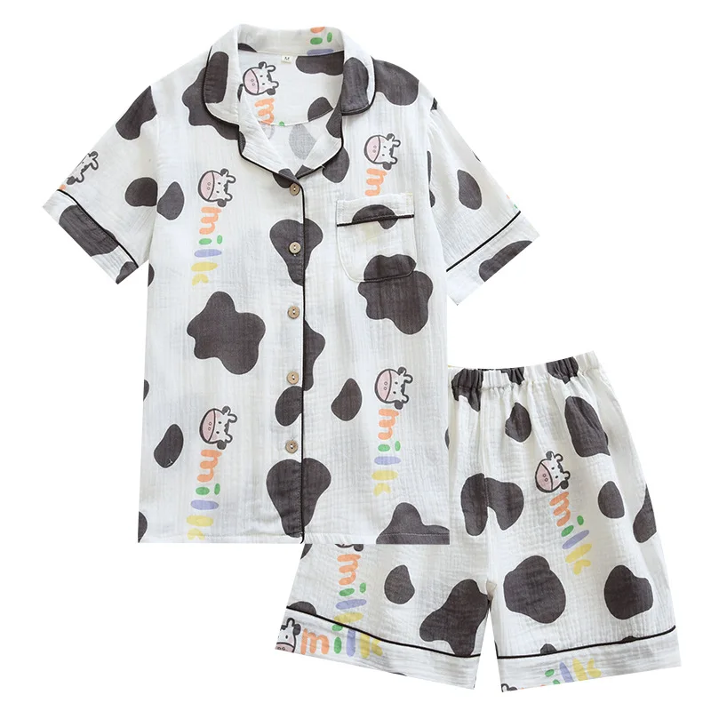 Korean Summer Women Pajamas Pure Cotton Gauze Soft Pajamas Set Cartoon Comfortable Short Sleeve Cardigan Women's Home Wear Thin