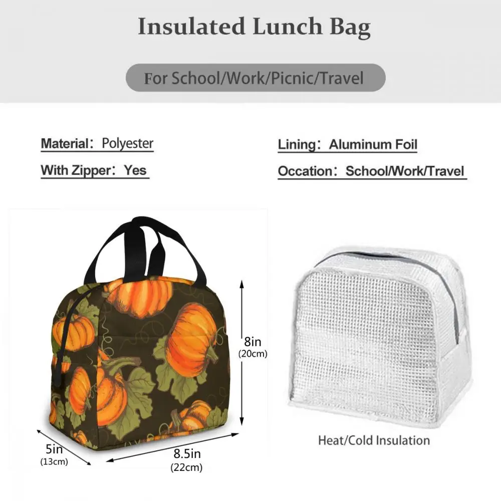 

Farm Pumpkins With Leaves Lunch Food Box Bag Fashion Insulated Thermal Food Picnic Lunch Bag for Women kids Men Cooler Tote Bag