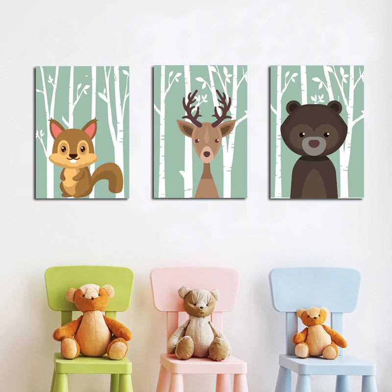 Лес мультфильм постеры с животными белка рисунок оленя на холсте для детской
