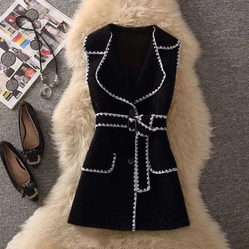 

Autumn Winter Short Vest Sleeveless Jacket Coat Women Woolen Waistcoat Female Slim Clothes with Belt Outwear Chaleco Mujer Y319
