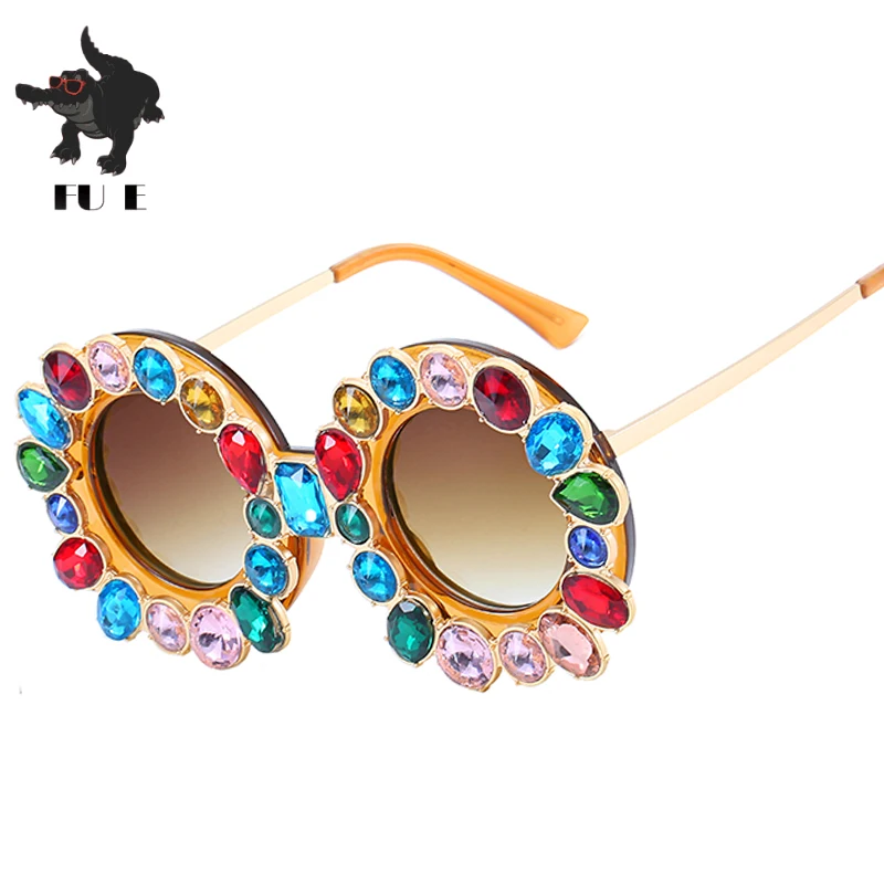 FU E Gorgeous Women Sunglasses Crystal Diamond Handmade Round Eyewear UV400 Mirror Lens Flower Design Summer Sun Glasses
