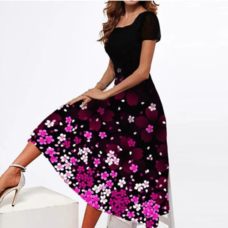 

Fashion Floral Print Mid Long Dresses A-Line Women Short Sleeve Square Collar Slim Dress Ladies Office Workwear Robe Femme 2021