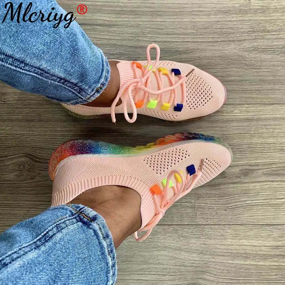 

Vulcanized Shoes Women's Thick Bottom Ladies Mesh Breathable Woman Sneakers Flats Platform Lace Up Female Casual Comfort Shoes