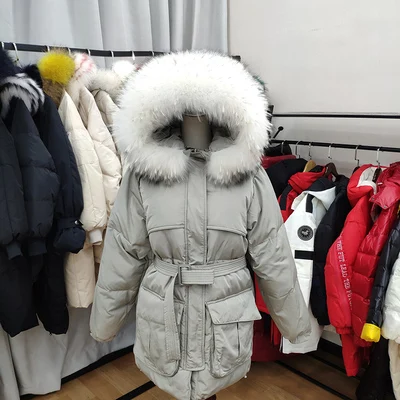 bean green(beige fur White Down Coat Winter Woman Fashion New Hooded Fur Collar Warm Thicken Cotton Clothing Casual Parkas Belt Overcoat f1401 - Цвет: bean green(beige fur