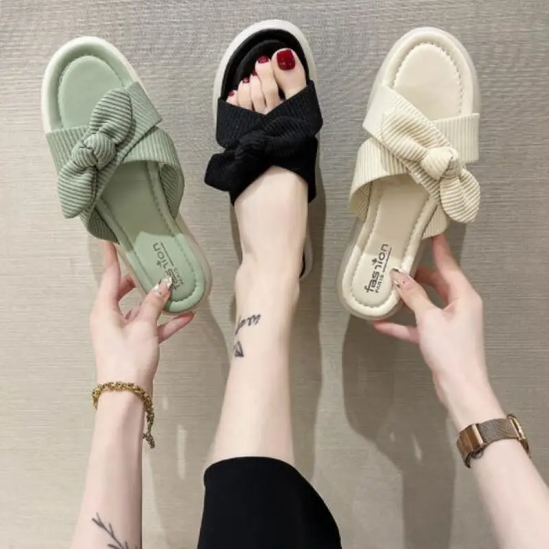 

Women Sandals 2021 New Summer Bow Thick Platform Shoes Roman Outdoor Soft Wedge Comfort Female Sandals