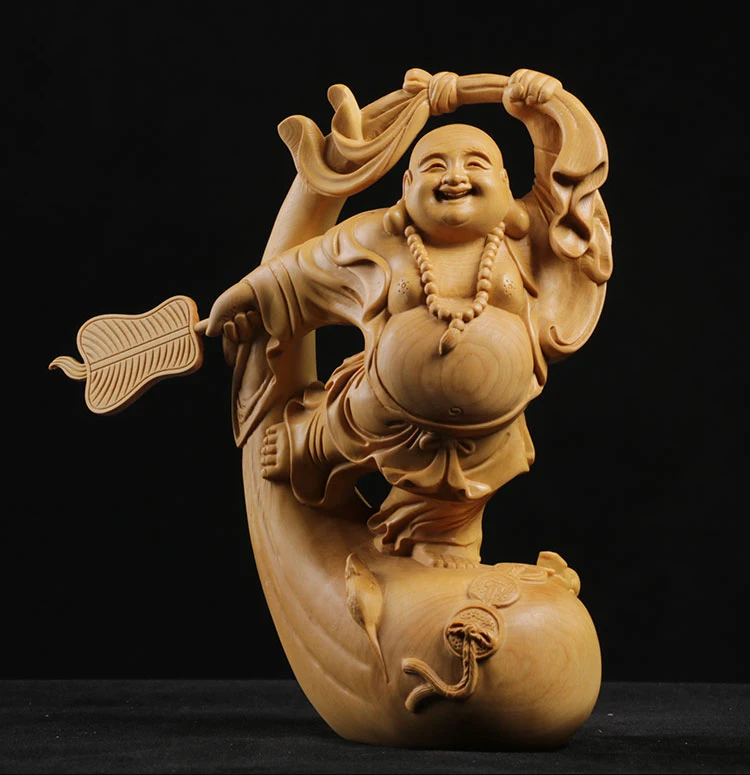 

Boxwood 11cm 17cm Maitreya Sculpture Wood Carving Laughing Buddha Statue Home Decor