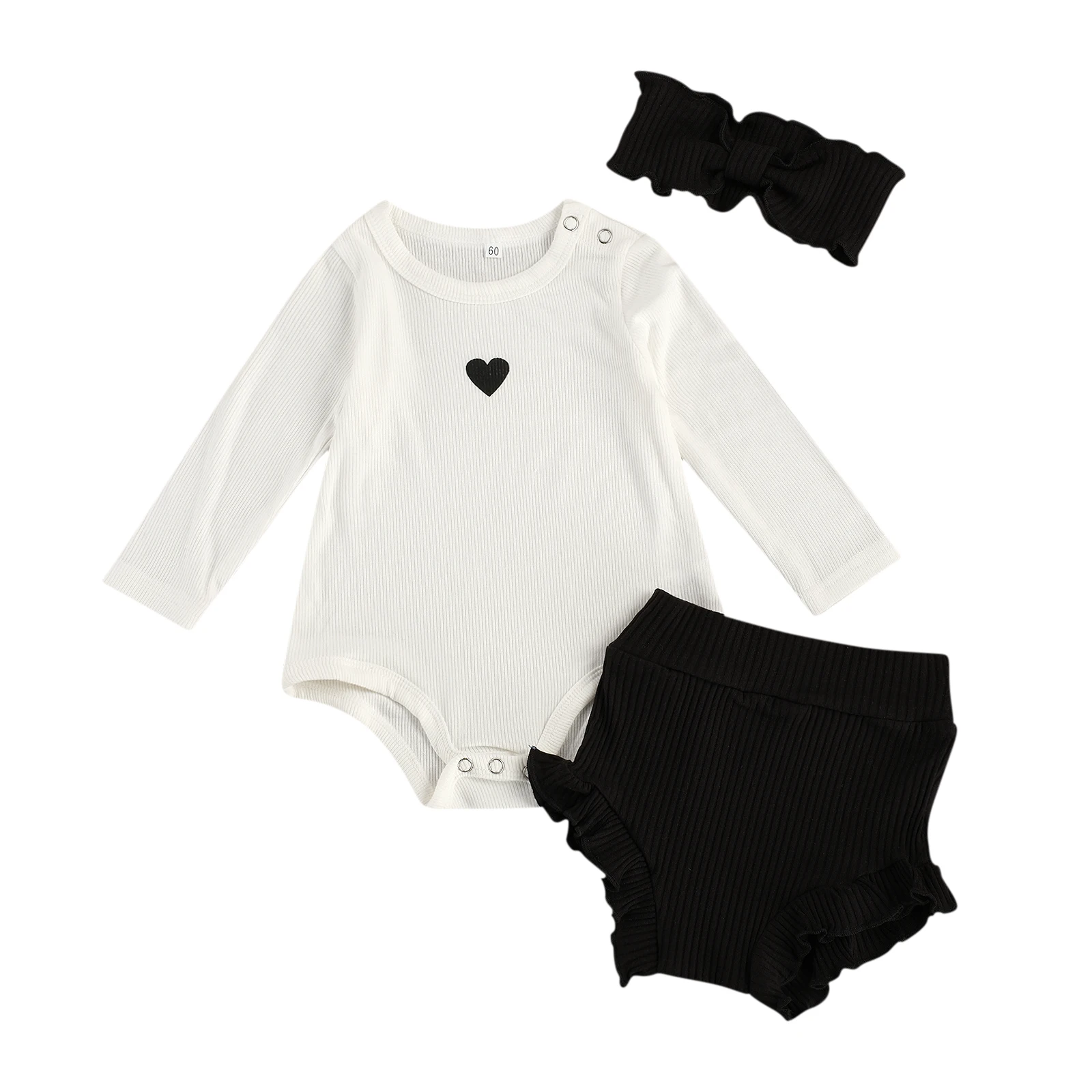 

3 Pcs Baby's Casual Suit Heart Print Round Neck Long Sleeve Romper Top Solid Color Falbala Loose Shorts Elastic Headband