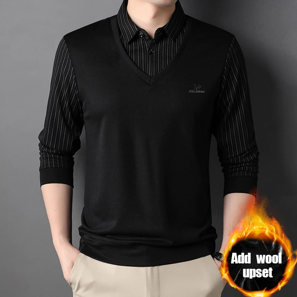 New Fake Two Piece Thickened Polo Shirt Fashion Solid Color Men Clothing Long Sleeved Casual Slim Men Shirt Button Collar Top