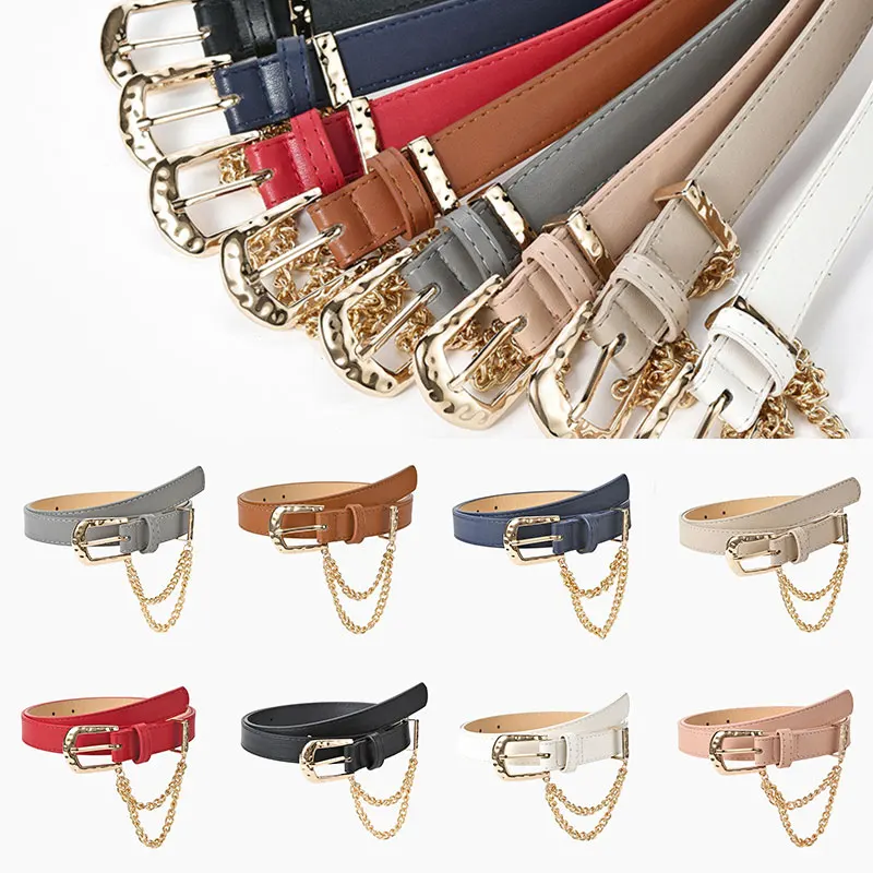

Women Punk Chain Leather Belt Adjustable Double/Single Row Hole Pin Buckle Waist Belts Jeans Cinturones Decorative Belt