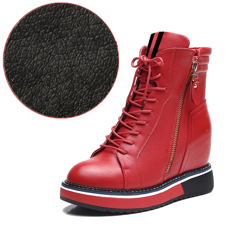 red no fur DORATASIA/Новые Модные ботильоны из натуральной кожи обувь, увеличивающая рост Женские Повседневные Вечерние ботинки из органической кожи на осень и зиму женская обувь 33-40 - Цвет: red no fur