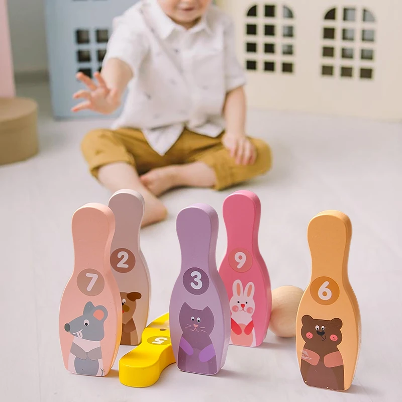 

10pcs/Set Wood Baby Animal Bowling Toy Advanced Sports Training Equipment Kids Tactile Hearing Develop Safety Wooden Products