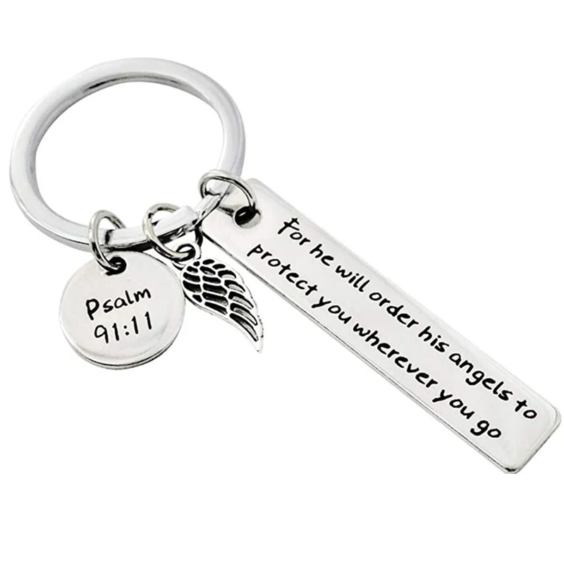 

Christian Gift God Keychain for he Will Order his Angels to Protect You Religious Easter Prayer Key Chain Bible Verse Keychain