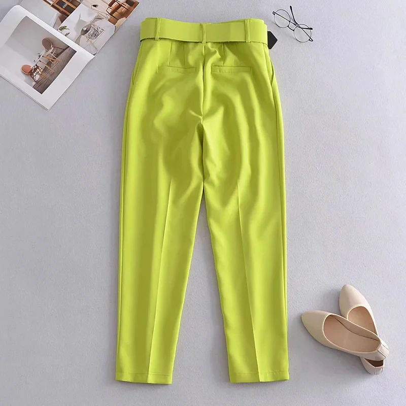 

Za Women Suit 2021 Office Yellow Lady Casual Blazer Coat + High Waist Wide Leg Pant Set With Belt Two Piece Set Woman Suit