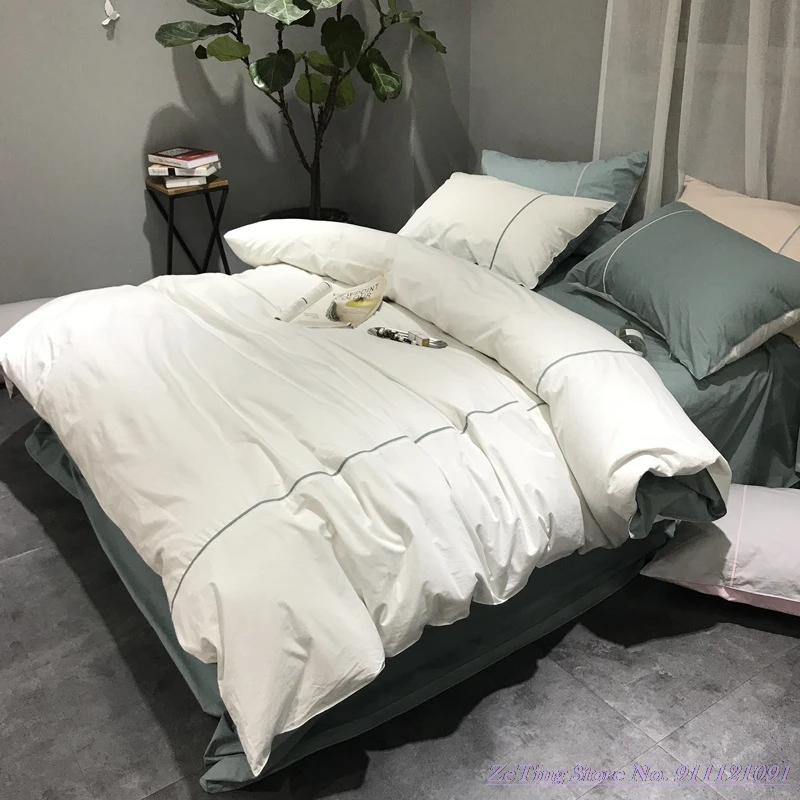 

Pure Cotton Home Textile 5star hotel 4pcs bedding Set Blue GrayPink White simple pure color 1.8m bed DuvetCover Quality Bedsheet