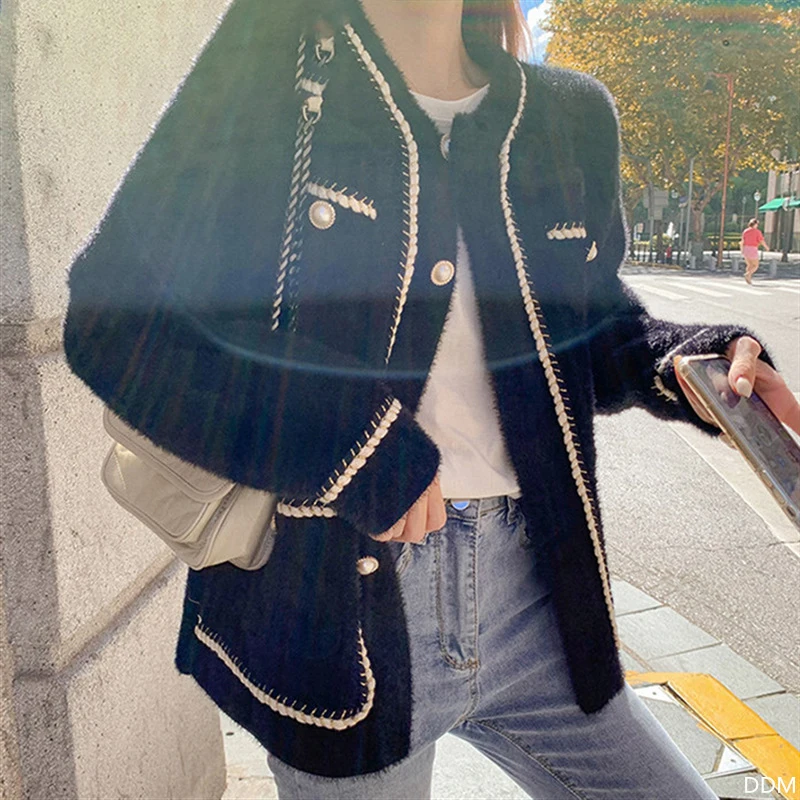 

Asapgot White Mink Cashmere Sweater Coat Women Autumn Winter Lazy Style Korean Retro Black Loose O Neck Knitted Cardigan x-2xl