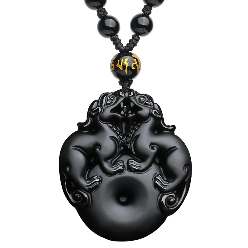 Натуральный обсидиан двойной кулон Pixiu ювелирное изделие хорошее удача отогнать