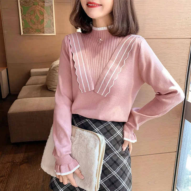 

Women 2021 Autumn Winter New Slim Sweater Tops Female Half Turtleneck Knitted Tops Ladies Fashion Patchwork Warm Tops Q389