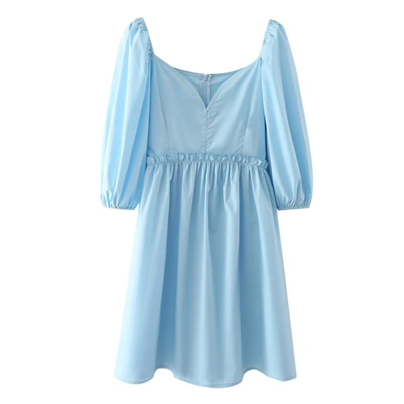 

YENKYE New Spring Women Light Blue Cotton Dress Sexy V Neck Puff Sleeve Vestido Mujer Short Ladies Dress